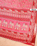 Elegant Semi Chanderi Saree Featuring Floral Butta Pattern and Elephant Motif Pallu - Pink