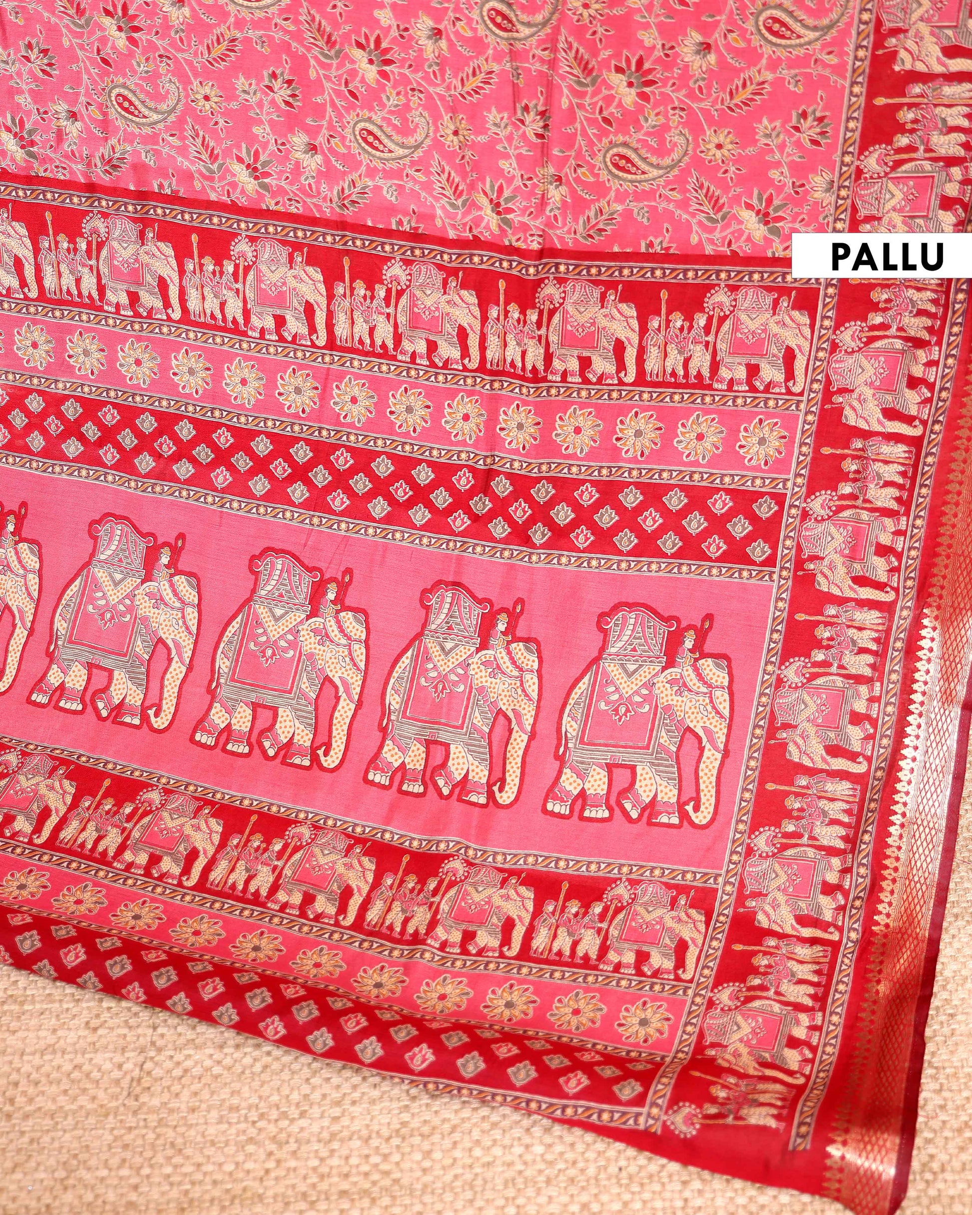 Elegant Semi Chanderi Saree Featuring Floral Butta Pattern and Elephant Motif Pallu - Pink