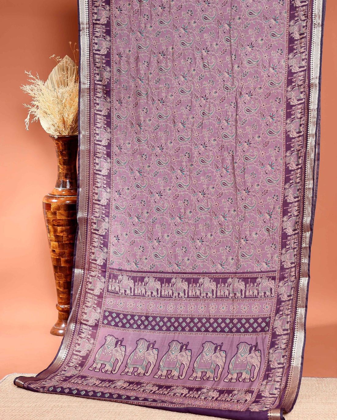 Elegant Semi Chanderi Saree Featuring Floral Butta Pattern and Elephant Motif Pallu - Purple
