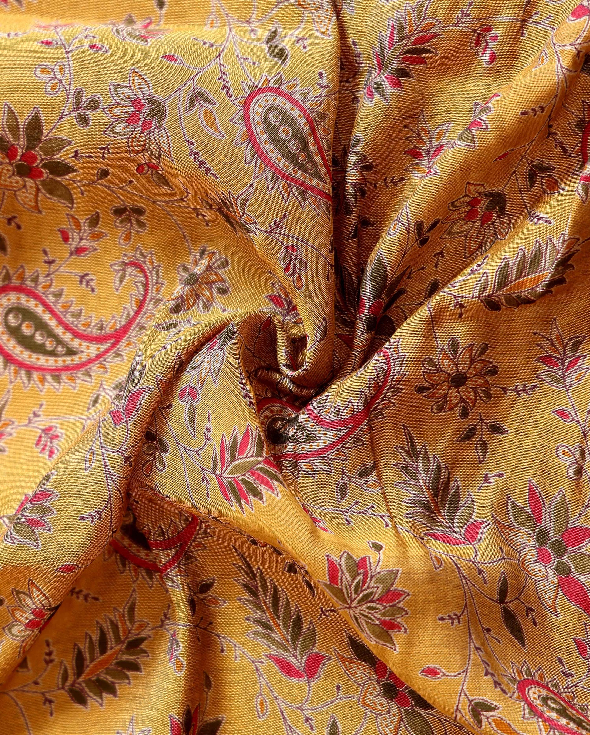 Elegant Semi Chanderi Saree Featuring Floral Butta Pattern and Elephant Motif Pallu - Yellow