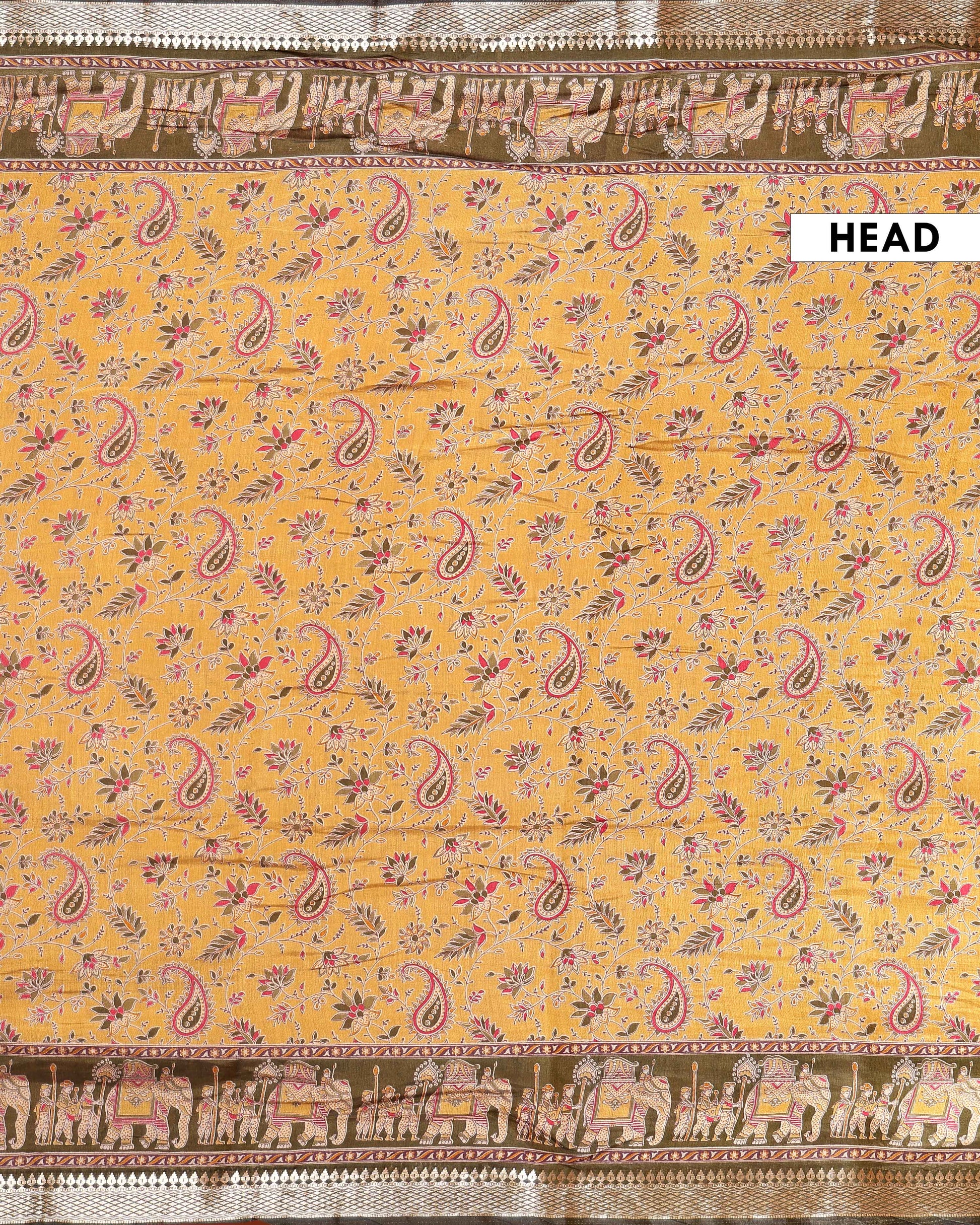 Elegant Semi Chanderi Saree Featuring Floral Butta Pattern and Elephant Motif Pallu - Yellow