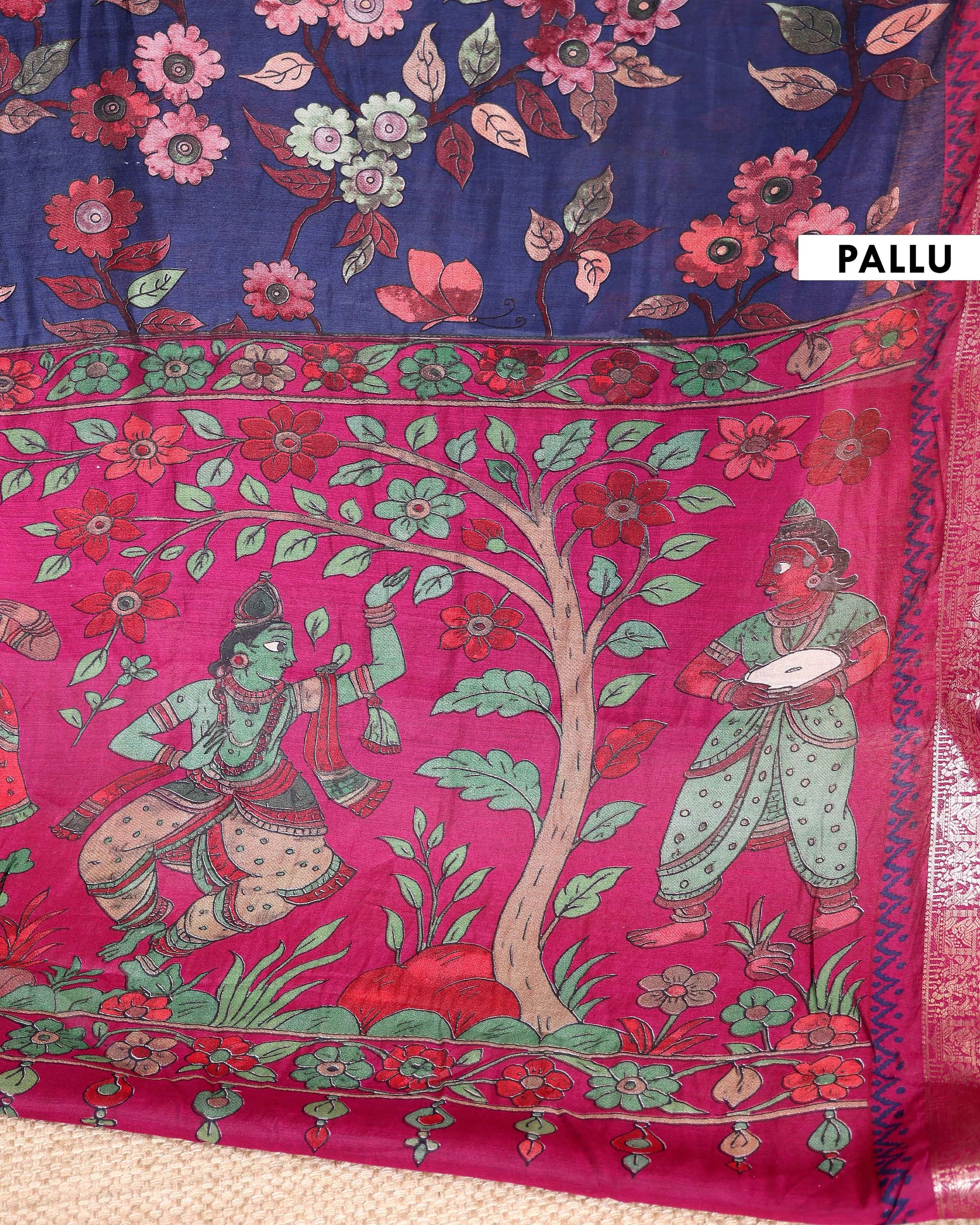 Elegant Semi Chanderi Saree Nature Inspired Motifs and Heritage Art Pallu - Navy Blue