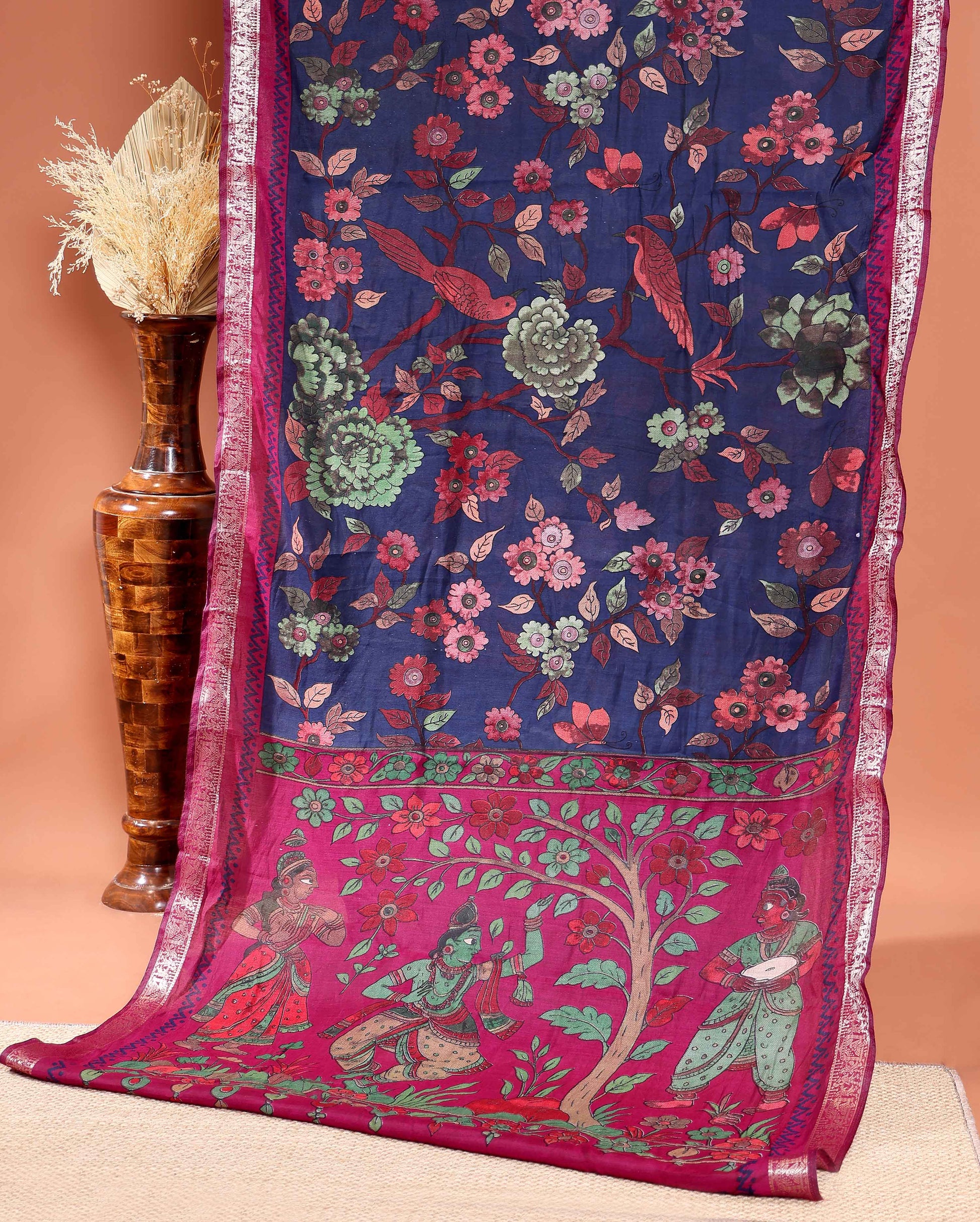 Elegant Semi Chanderi Saree Nature Inspired Motifs and Heritage Art Pallu - Navy Blue