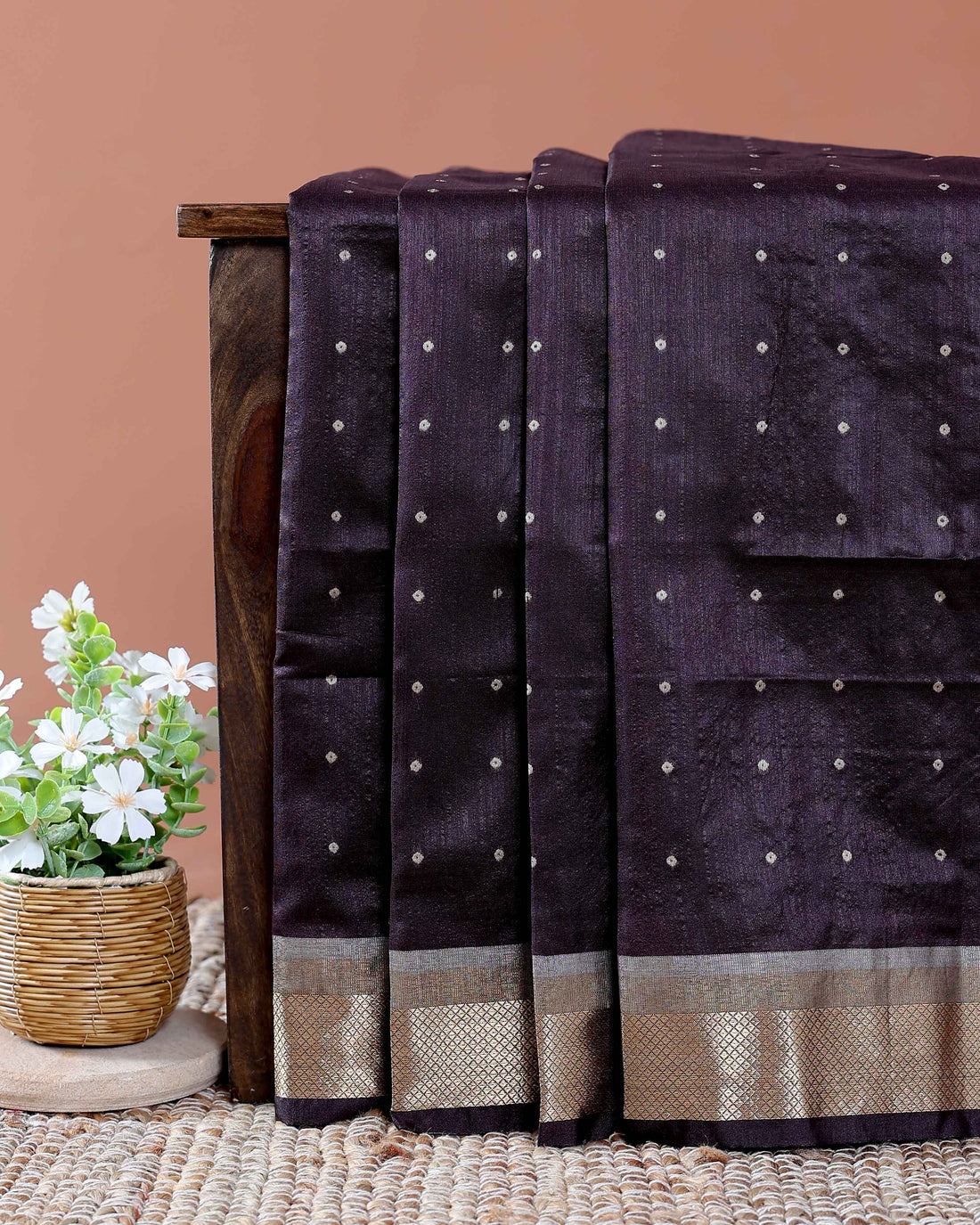 Elegant Semi Silk Saree with All-Over Zari Buttas and Woven Pallu - Dark Brown