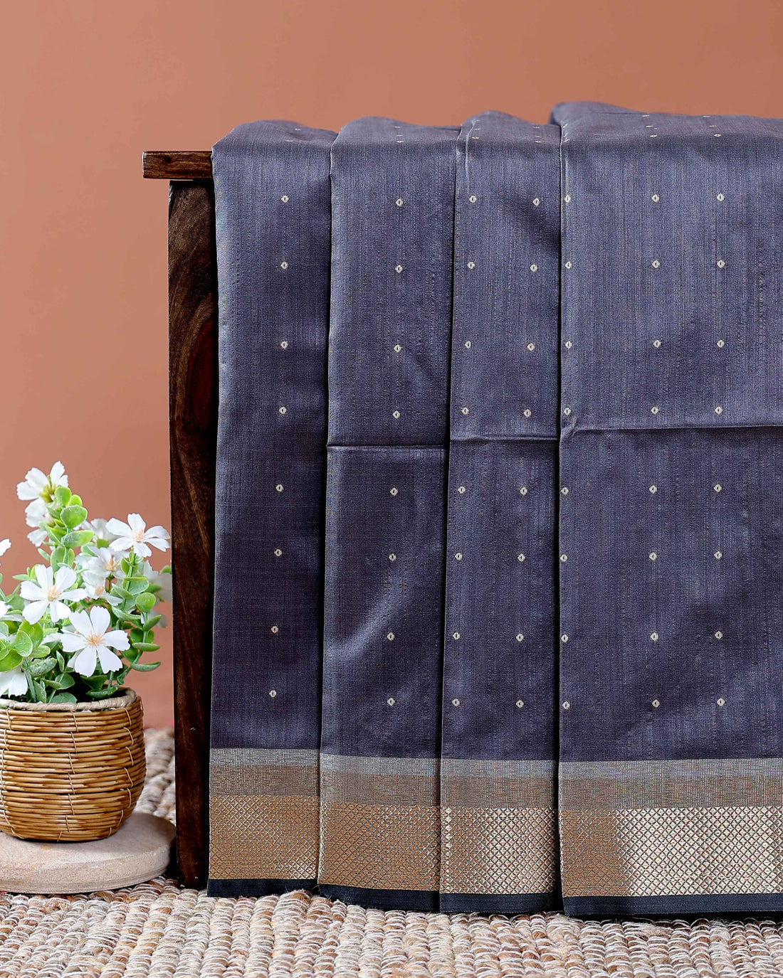 Elegant Semi Silk Saree with All-Over Zari Buttas and Woven Pallu - Dark Grey