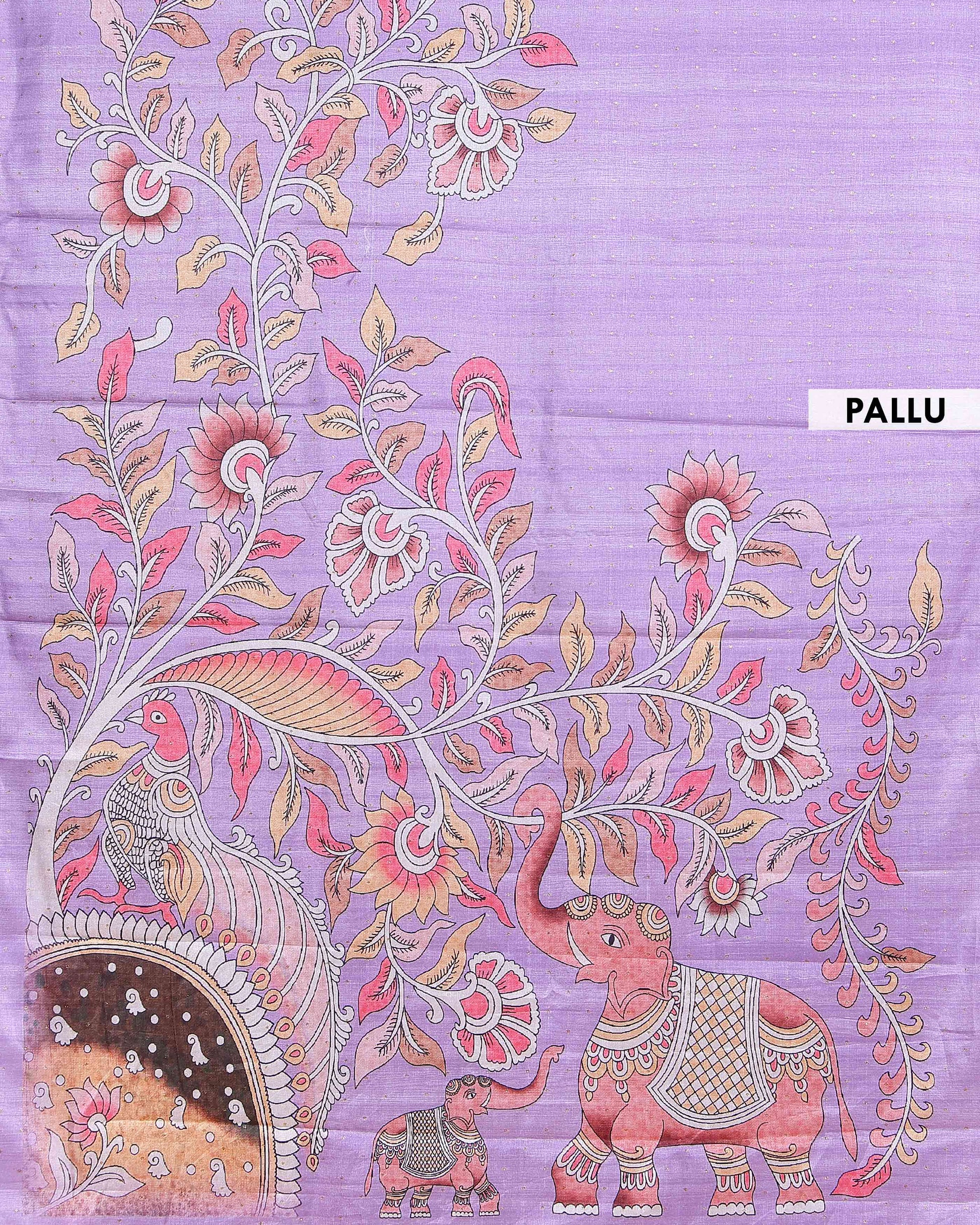 Elegant Semi Tussar Saree with Hand-Painted Elephant and Floral Motifs - Lavender