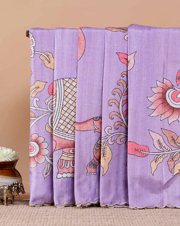 Elegant Semi Tussar Saree with Hand-Painted Elephant and Floral Motifs - Lavender