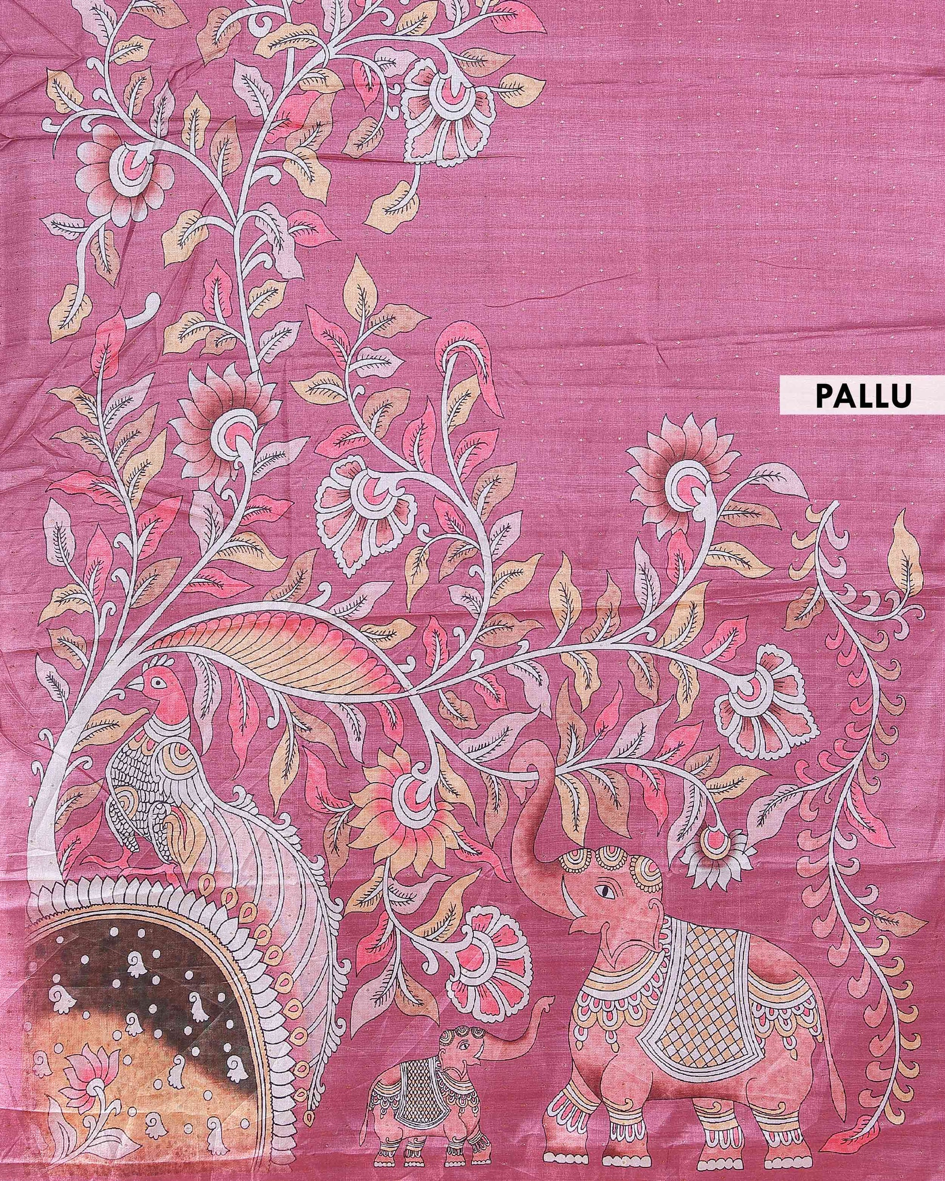 Elegant Semi Tussar Saree with Hand-Painted Elephant and Floral Motifs - Pink