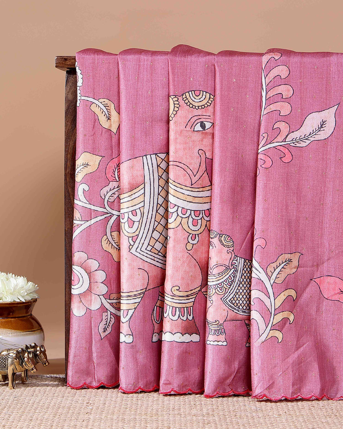 Elegant Semi Tussar Saree with Hand-Painted Elephant and Floral Motifs - Pink