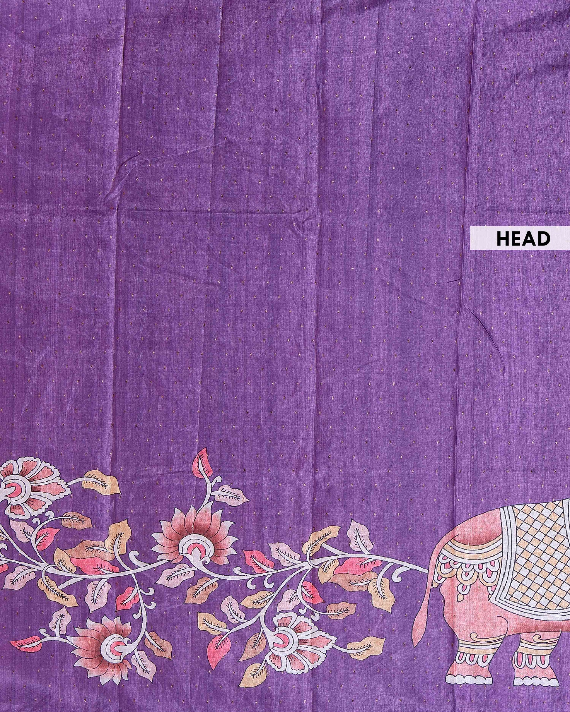 Elegant Semi Tussar Saree with Hand-Painted Elephant and Floral Motifs - Purple