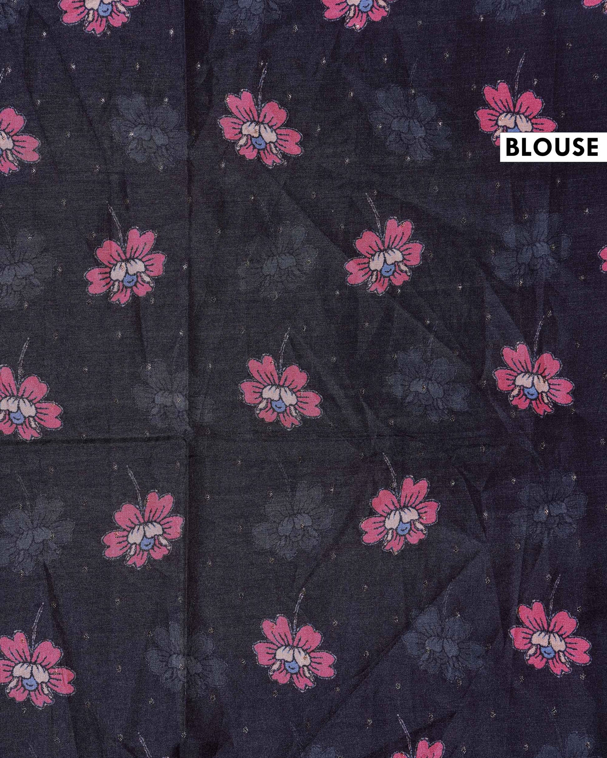 Elegant Semi Tussar Silk Saree with Floral Embroidery and Zari Dots -  Black