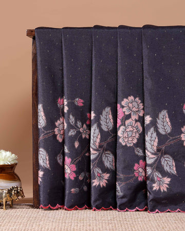 Elegant Semi Tussar Silk Saree with Floral Embroidery and Zari Dots -  Black