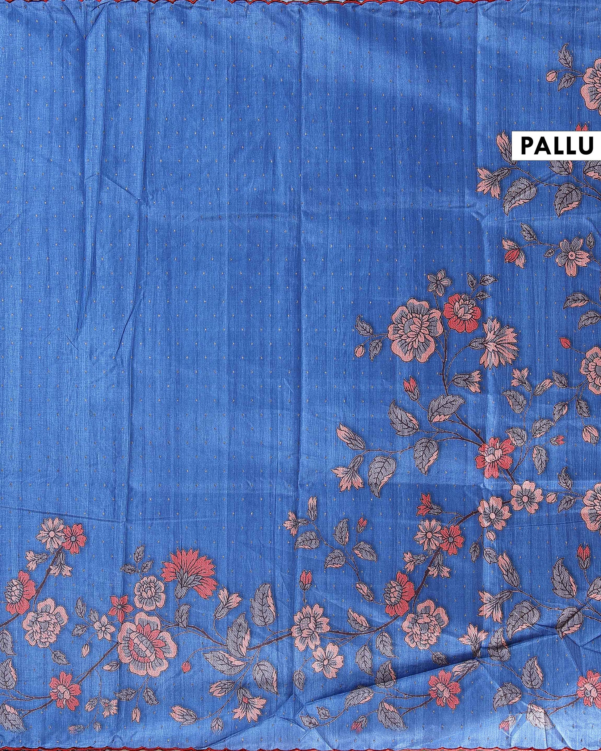 Elegant Semi Tussar Silk Saree with Floral Embroidery and Zari Dots -  Blue