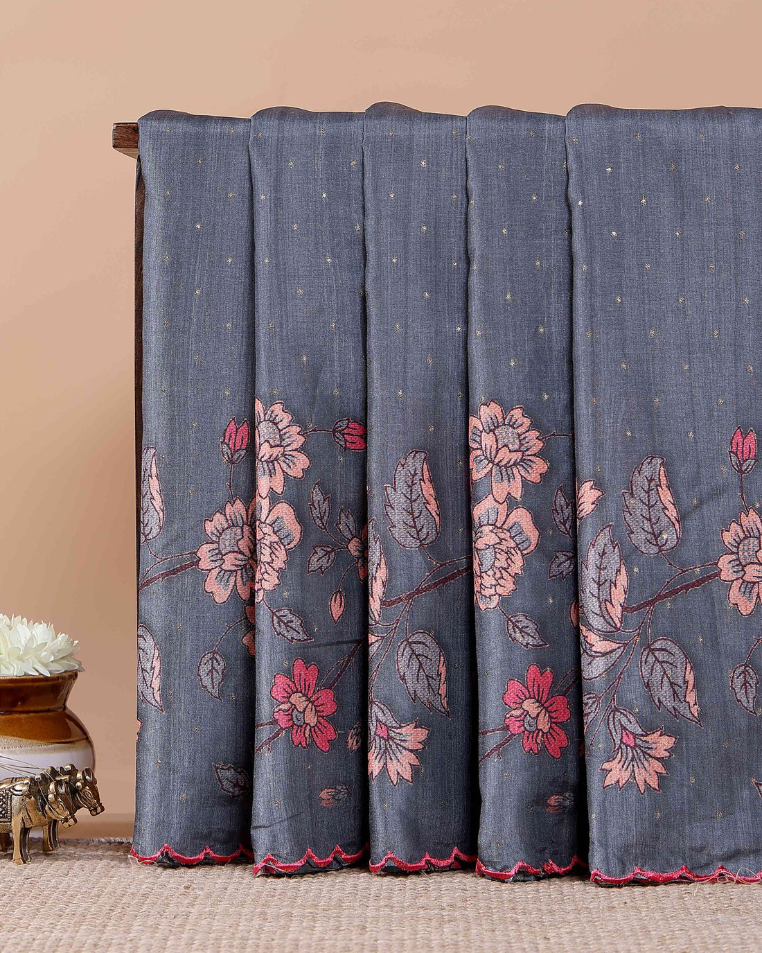 Elegant Semi Tussar Silk Saree with Floral Embroidery and Zari Dots - Dark Grey