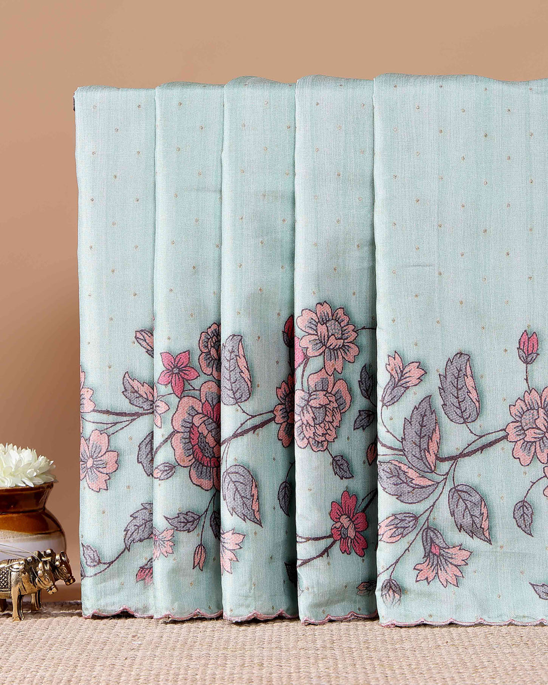 Elegant Semi Tussar Silk Saree with Floral Embroidery and Zari Dots - Green