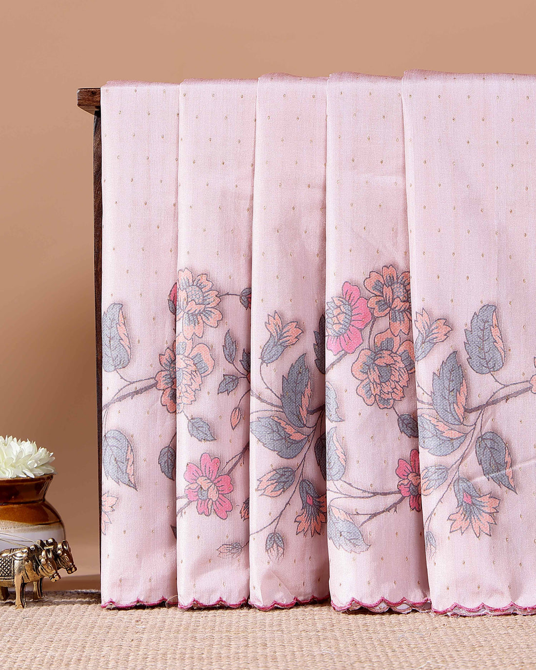 Elegant Semi Tussar Silk Saree with Floral Embroidery and Zari Dots - Light Pink
