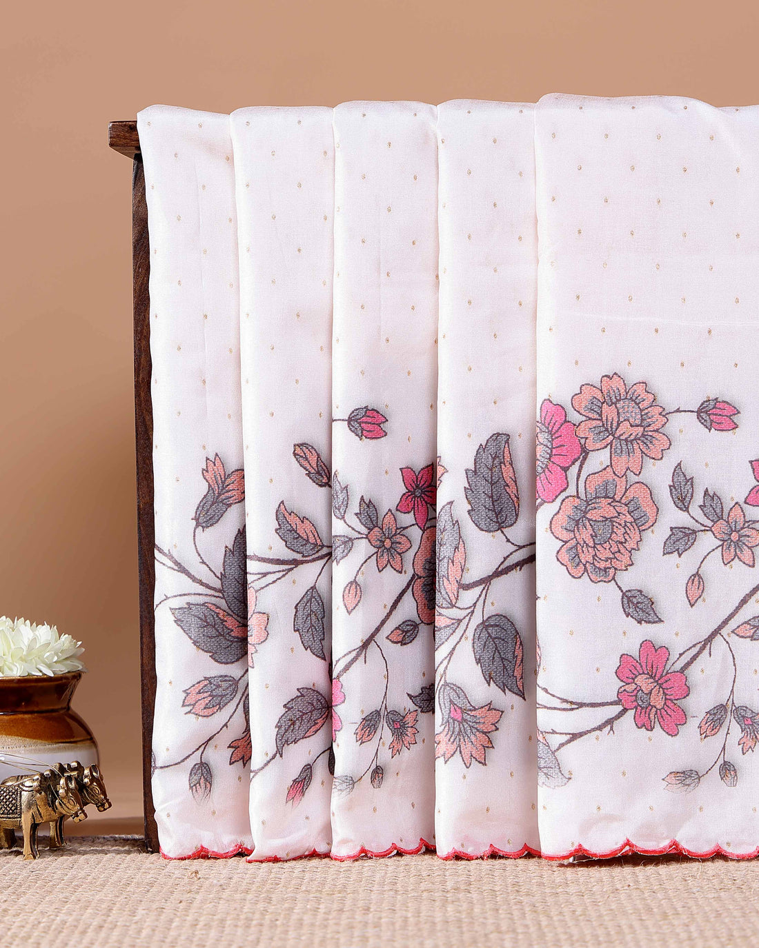 Elegant Semi Tussar Silk Saree with Floral Embroidery and Zari Dots - Off White