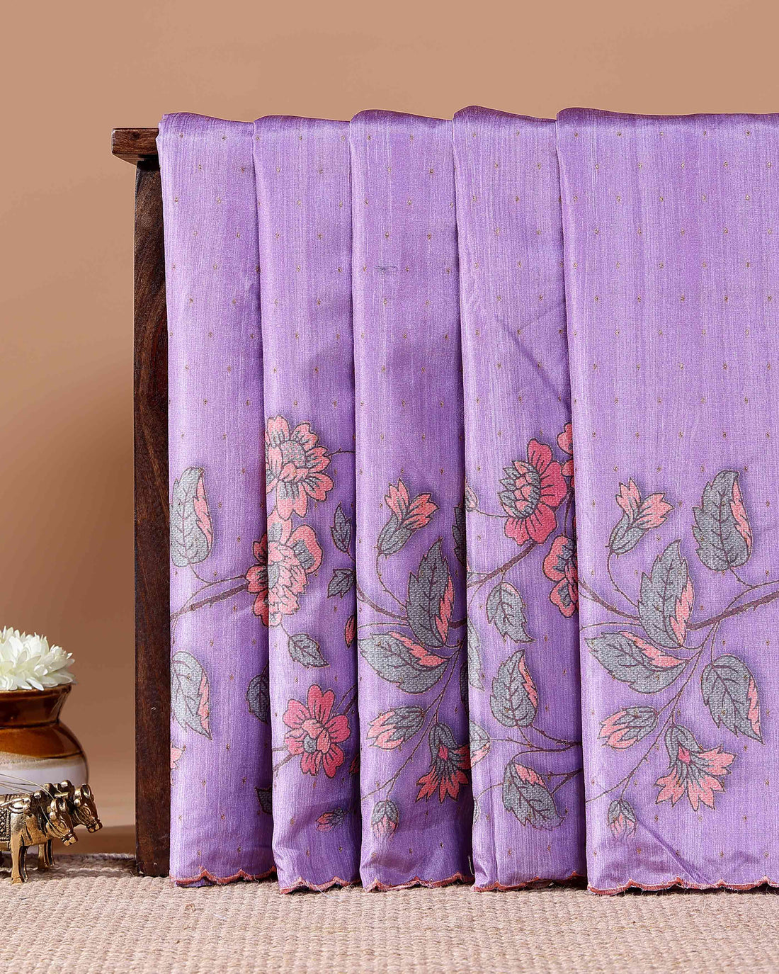 Elegant Semi Tussar Silk Saree with Floral Embroidery and Zari Dots - Purple