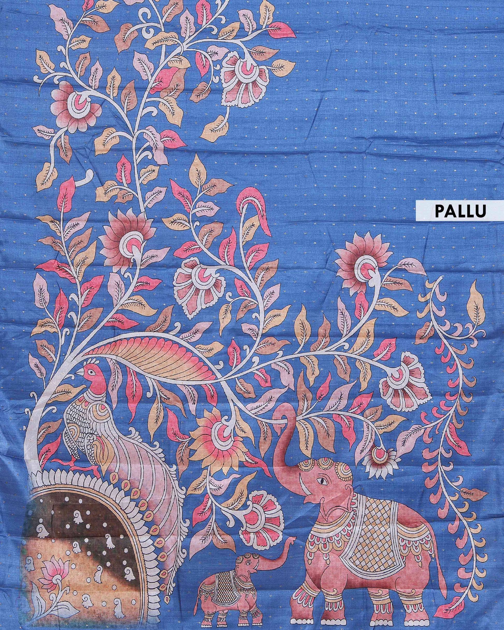Elegant Semi Tussar Silk Saree with Hand-Painted Elephant and Floral Motifs - Blue