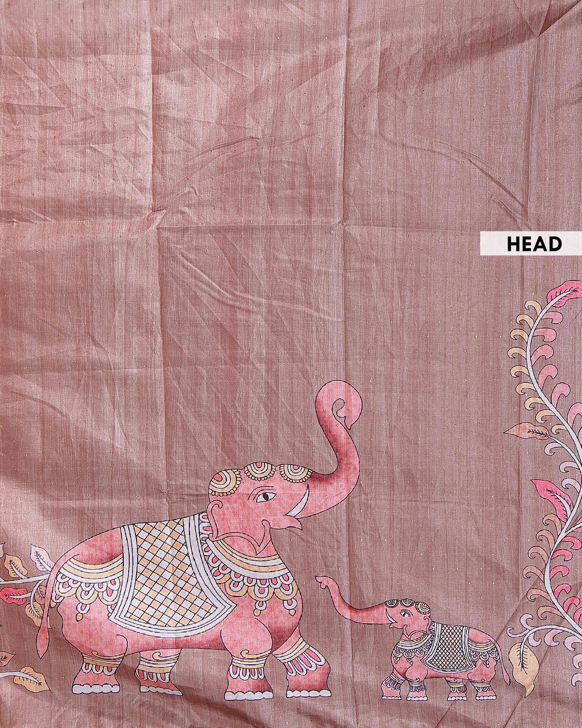 Elegant Semi Tussar Silk Saree with Hand-Painted Elephant and Floral Motifs - Brown