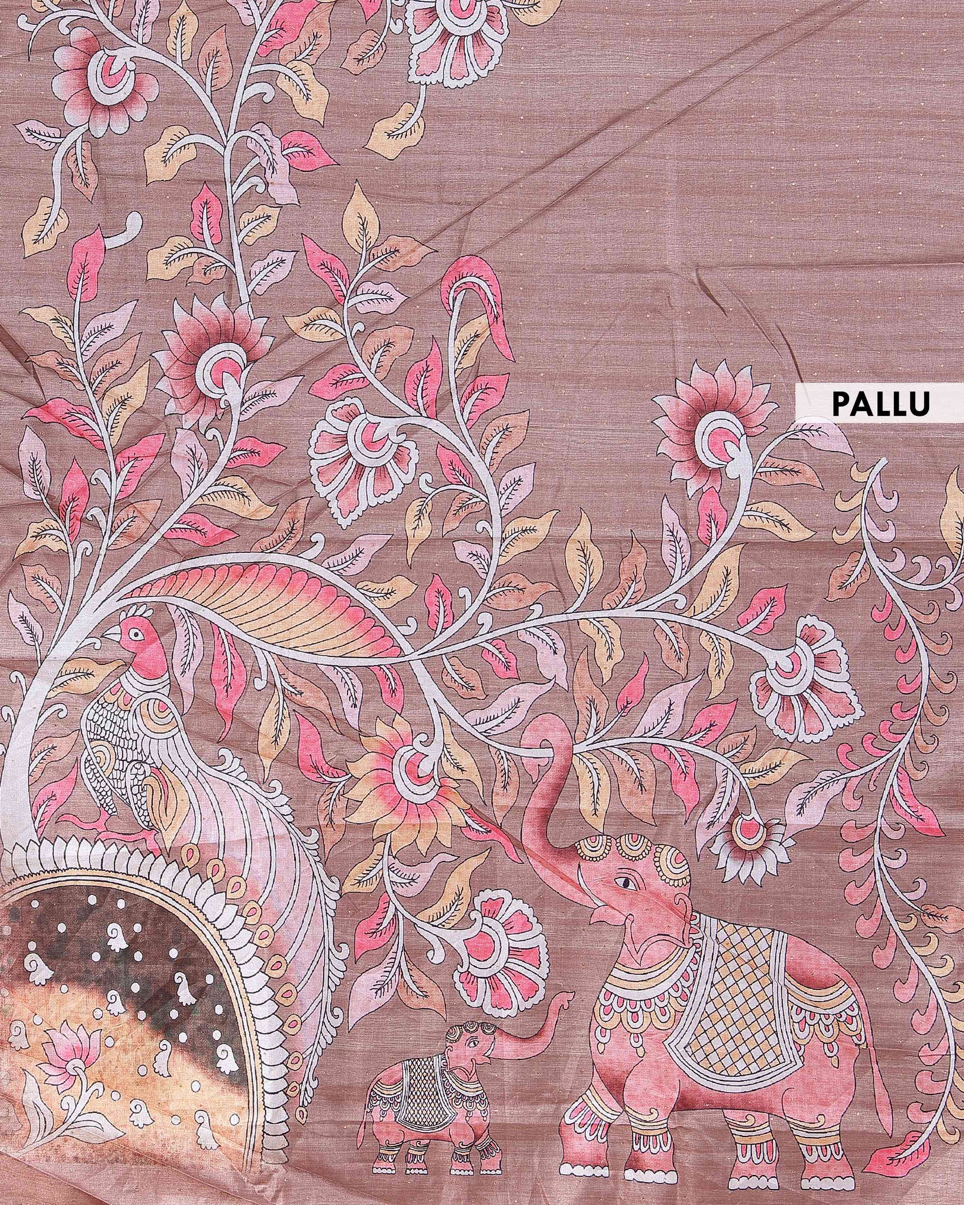 Elegant Semi Tussar Silk Saree with Hand-Painted Elephant and Floral Motifs - Brown