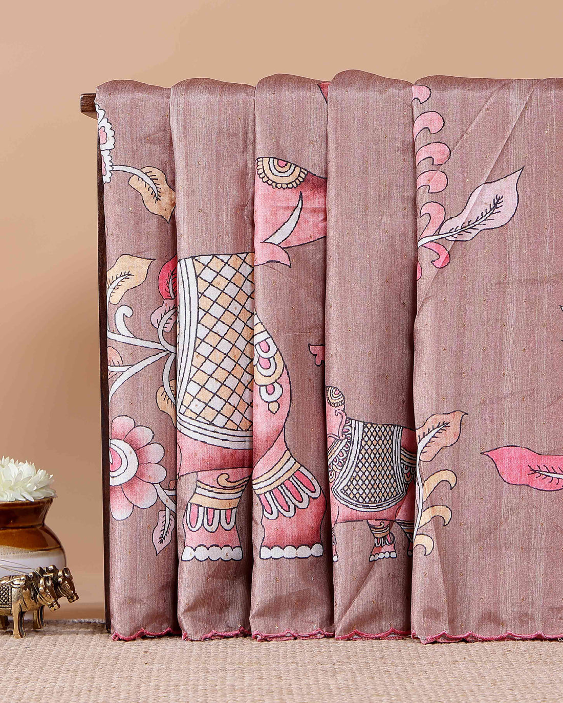 Elegant Semi Tussar Silk Saree with Hand-Painted Elephant and Floral Motifs - Brown