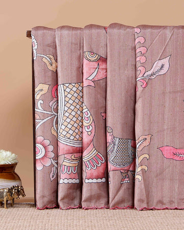 Elegant Semi Tussar Silk Saree with Hand-Painted Elephant and Floral Motifs - Brown