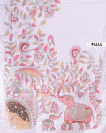 Elegant Semi Tussar Silk Saree with Hand-Painted Elephant and Floral Motifs - White