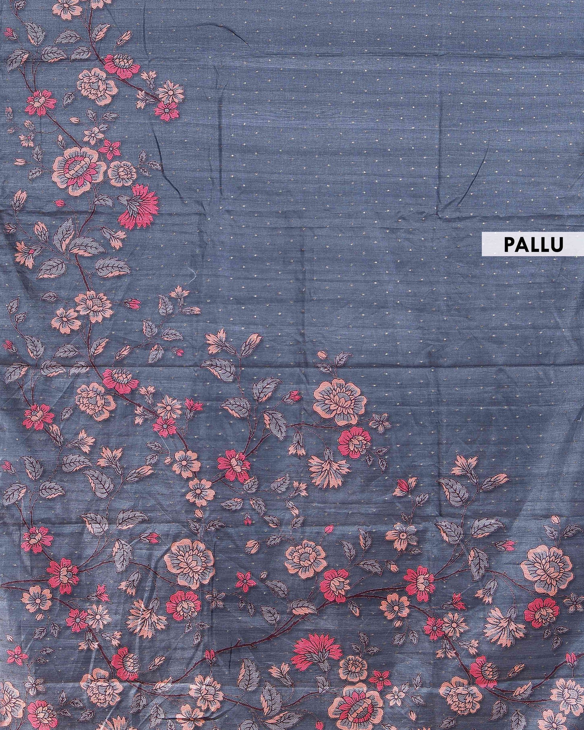 Elegant Semi Tussar Silk Saree with Intricate Floral Embroidery - Dark Grey