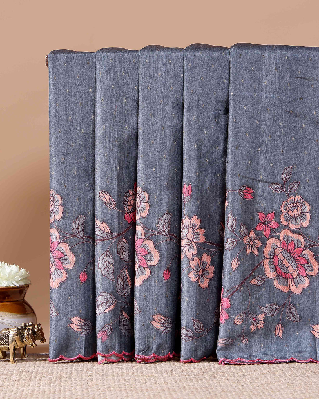 Elegant Semi Tussar Silk Saree with Intricate Floral Embroidery - Dark Grey