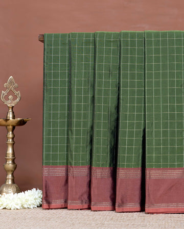 Elegant Soft Silk Saree with Geometric Checked Design and Handcrafted Border - Green