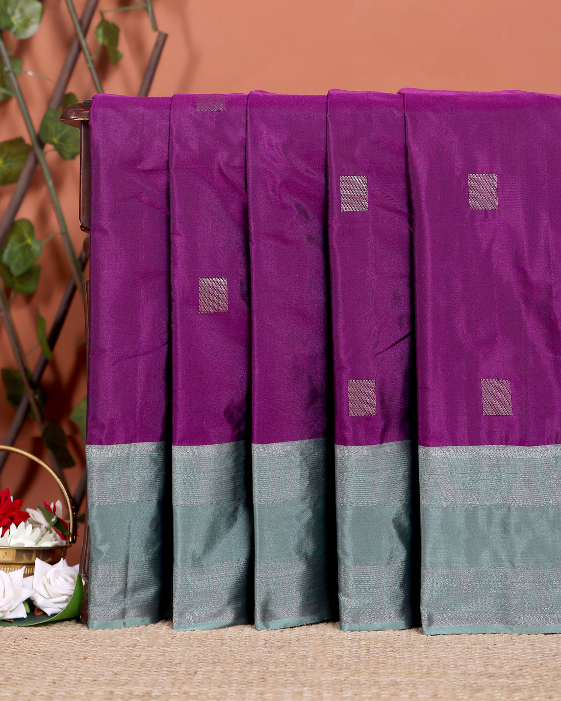 Elegant Soft Silk Saree with Woven Square Buttis and Contrast Border - Purple