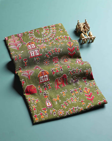 Elegant Traditional Print Unstitched Blouse Material - Green