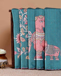 Elegant Tussar Silk Saree with Hand-Painted Elephant and Floral Motifs - Teal
