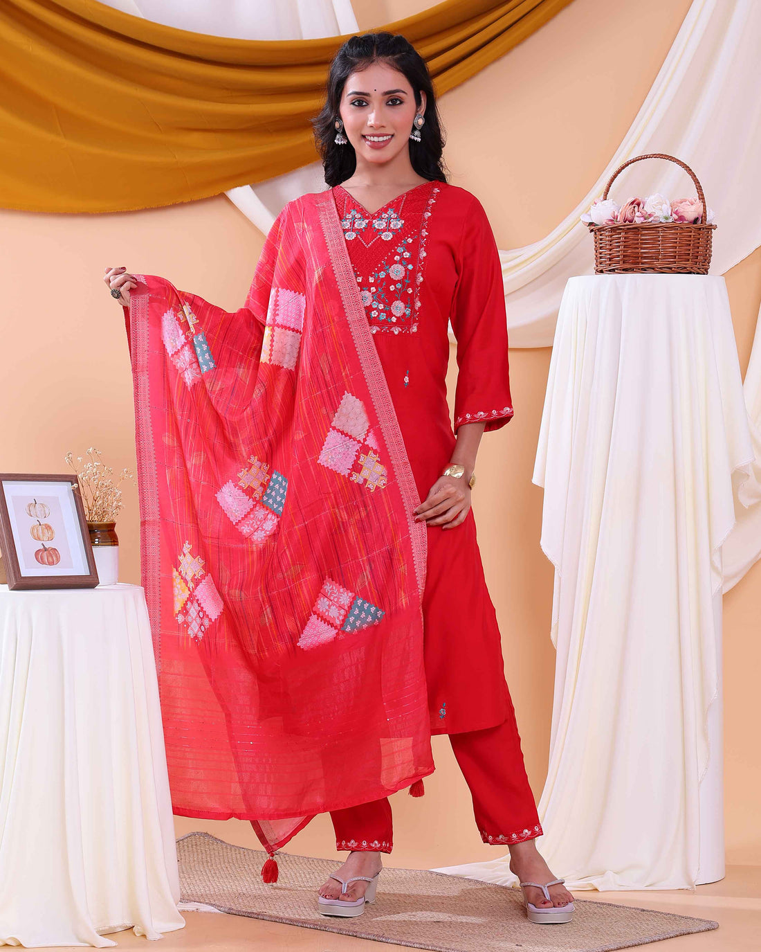 Elegant Women's Floral Embroidered Straight Fit Kurta Set with Dupatta - Red