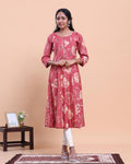 Elegant Women's Floral Printed A-Line Kurta with 3/4 th Sleeves- Pink