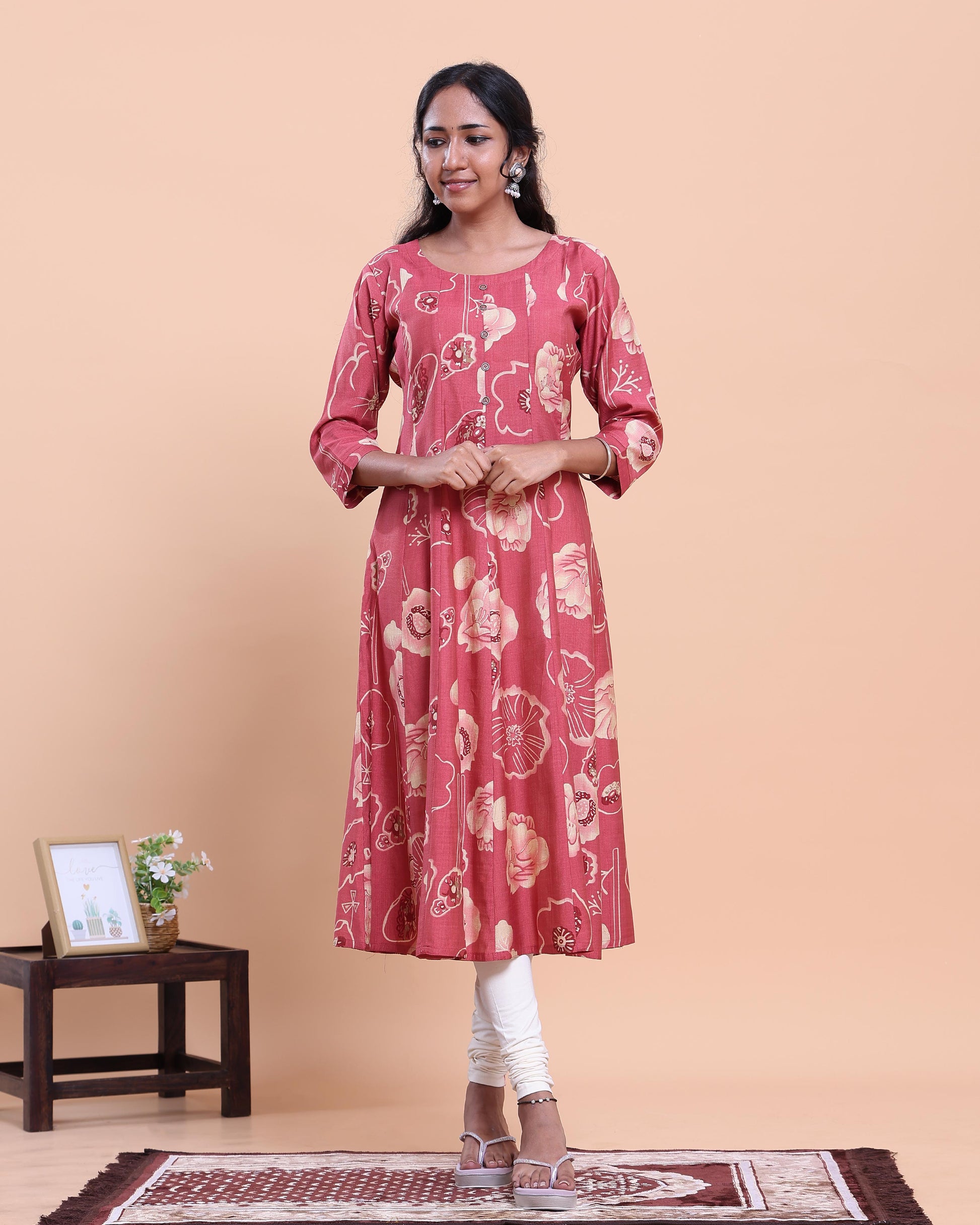 Elegant Women's Floral Printed A-Line Kurta with 3/4 th Sleeves- Pink
