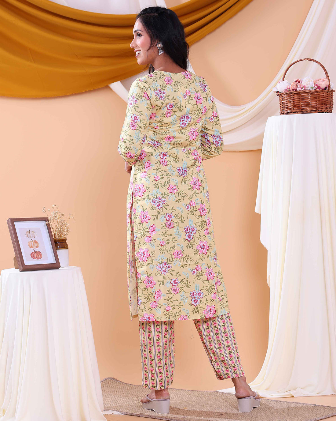Elegant Women's Floral Printed Straight Kurta Set with Dupatta - Sandal
