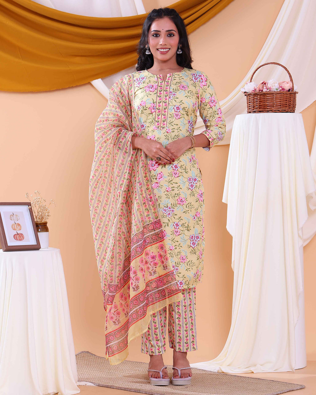 Elegant Women's Floral Printed Straight Kurta Set with Dupatta - Sandal