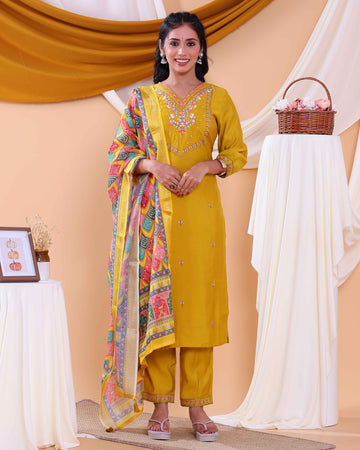 Elegant Women's Kurta Set with Floral Embroidery and Printed Dupatta - Yellow