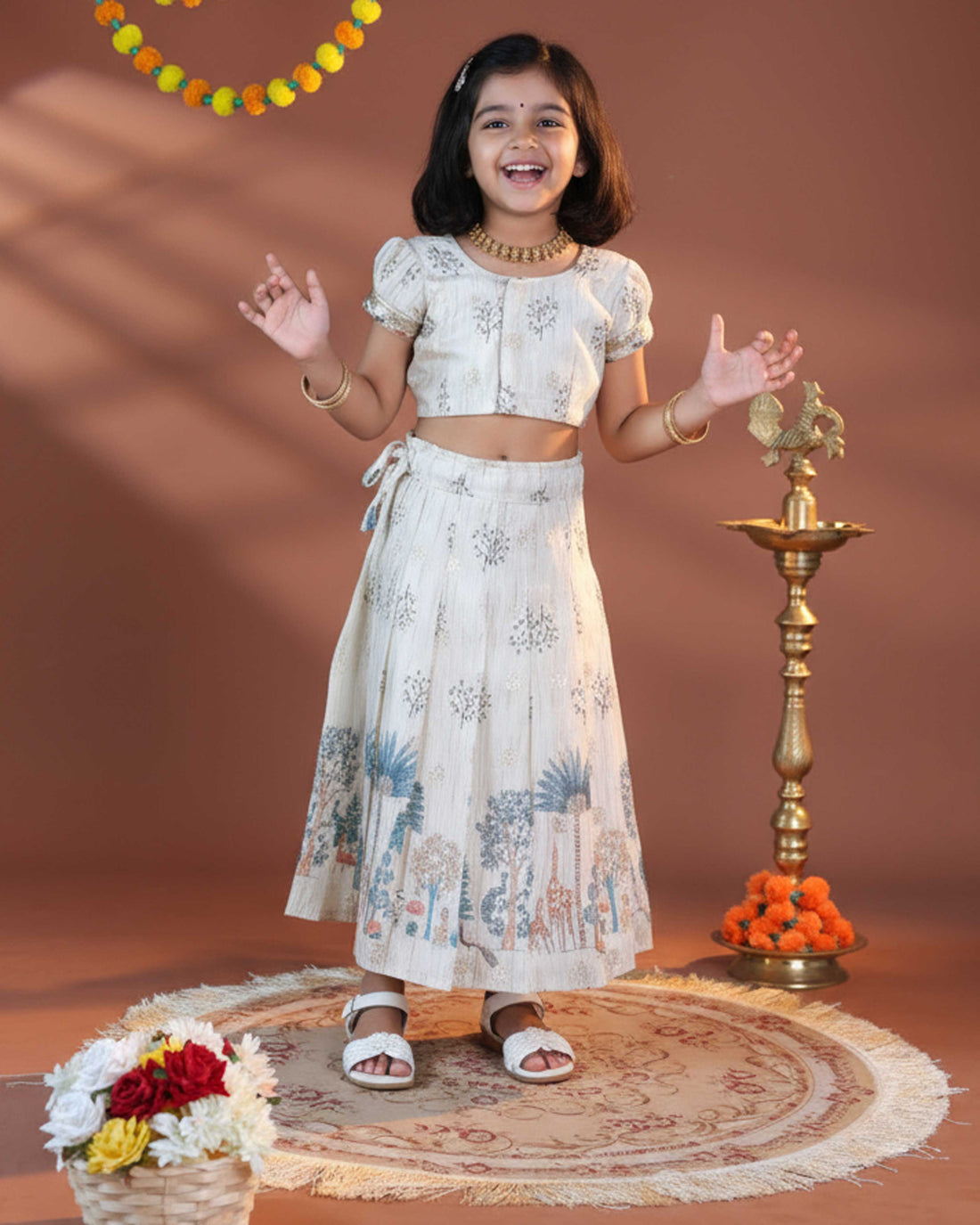 Traditional Dhavani Set for Girls with Embellished Blouse and Printed Skirt - Cream