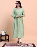 Women's Embroidered Empire Waist Long Kurta with Gathered Flared Hem and Full Sleeves - Green
