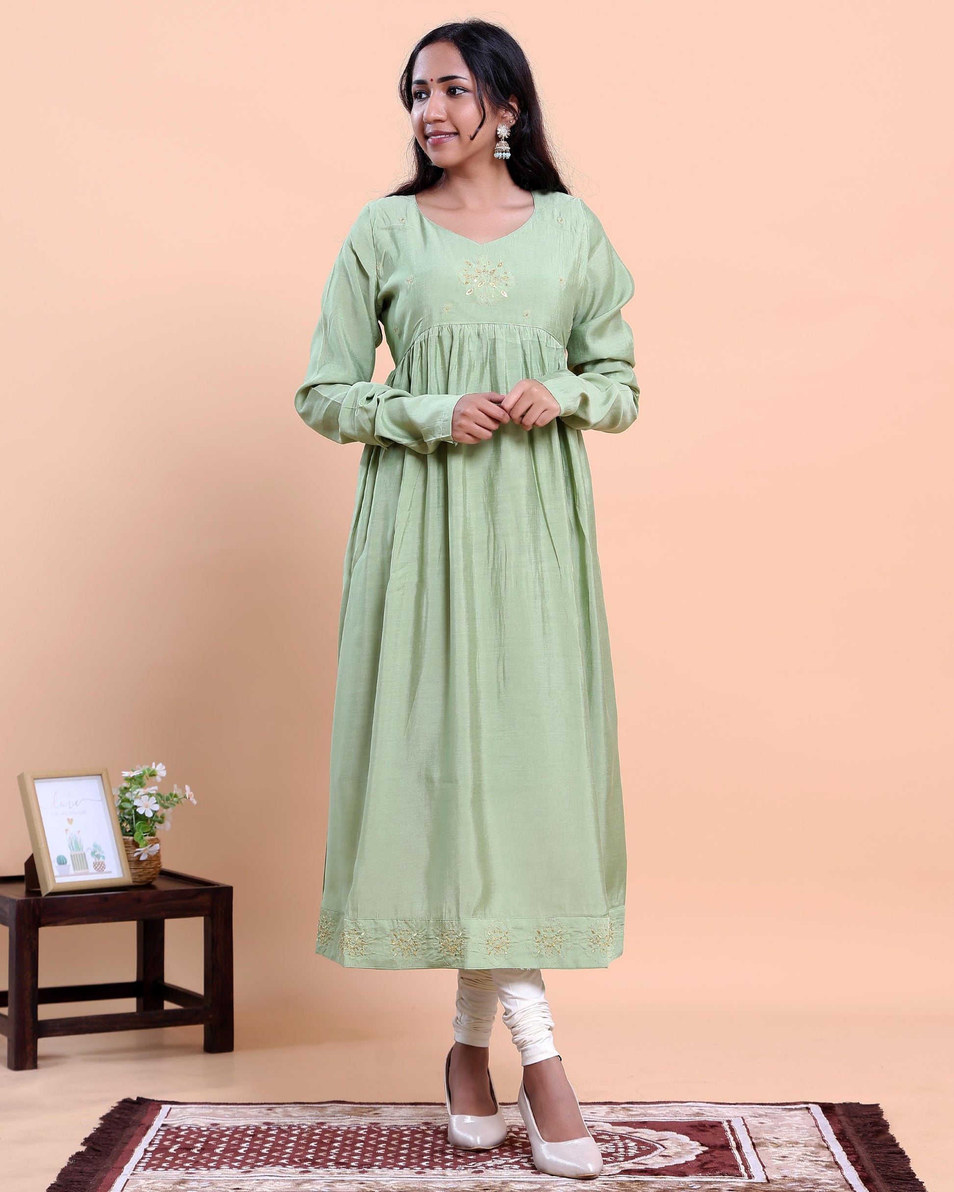 Women's Embroidered Empire Waist Long Kurta with Gathered Flared Hem and Full Sleeves - Green
