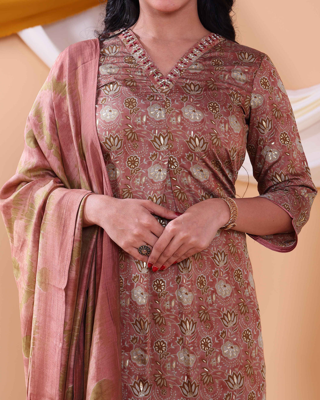 Elegant Floral Printed Women’s Salwar Set with Straight Kurta, Matching Bottom, and Dupatta- Brown