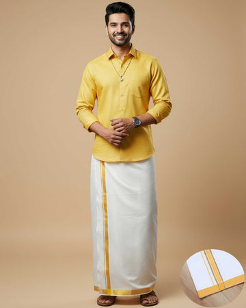Full Sleeve Shirt & Dhoti Set with Traditional Border - Yellow