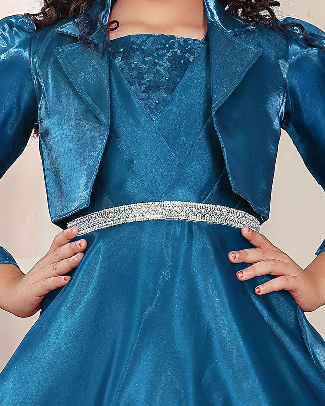 Girls' Embellished Puff Sleeve Western Wear with Jacket  - Teal Blue