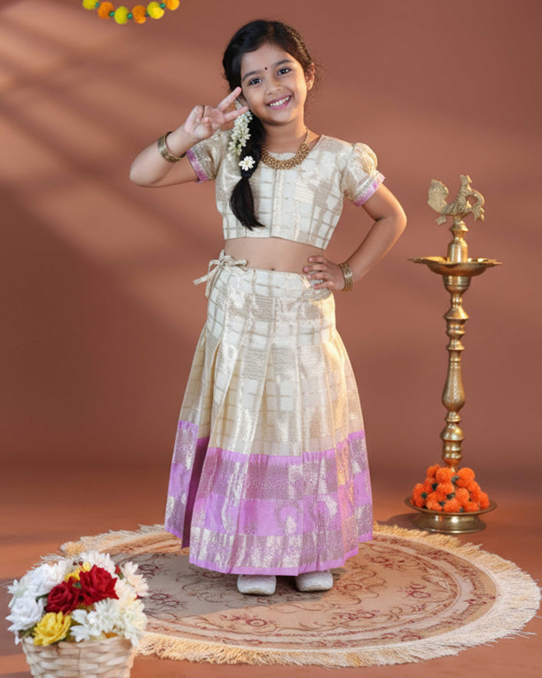 Girls' Classic Traditional Pattu Dhavani with Puff Sleeves - Cream