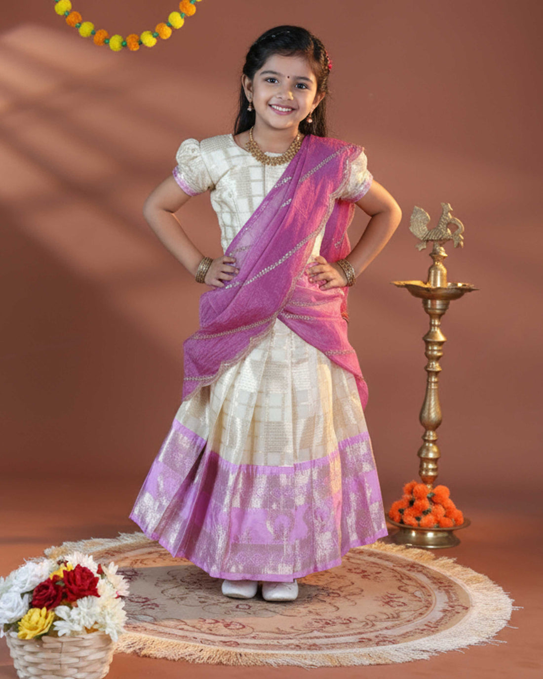Girls' Classic Traditional Pattu Dhavani with Puff Sleeves - Cream