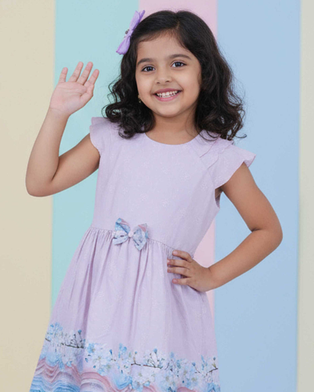 Elegant Printed Kids Party Wear Frock with Bow Detail and Layered Hem - Pink