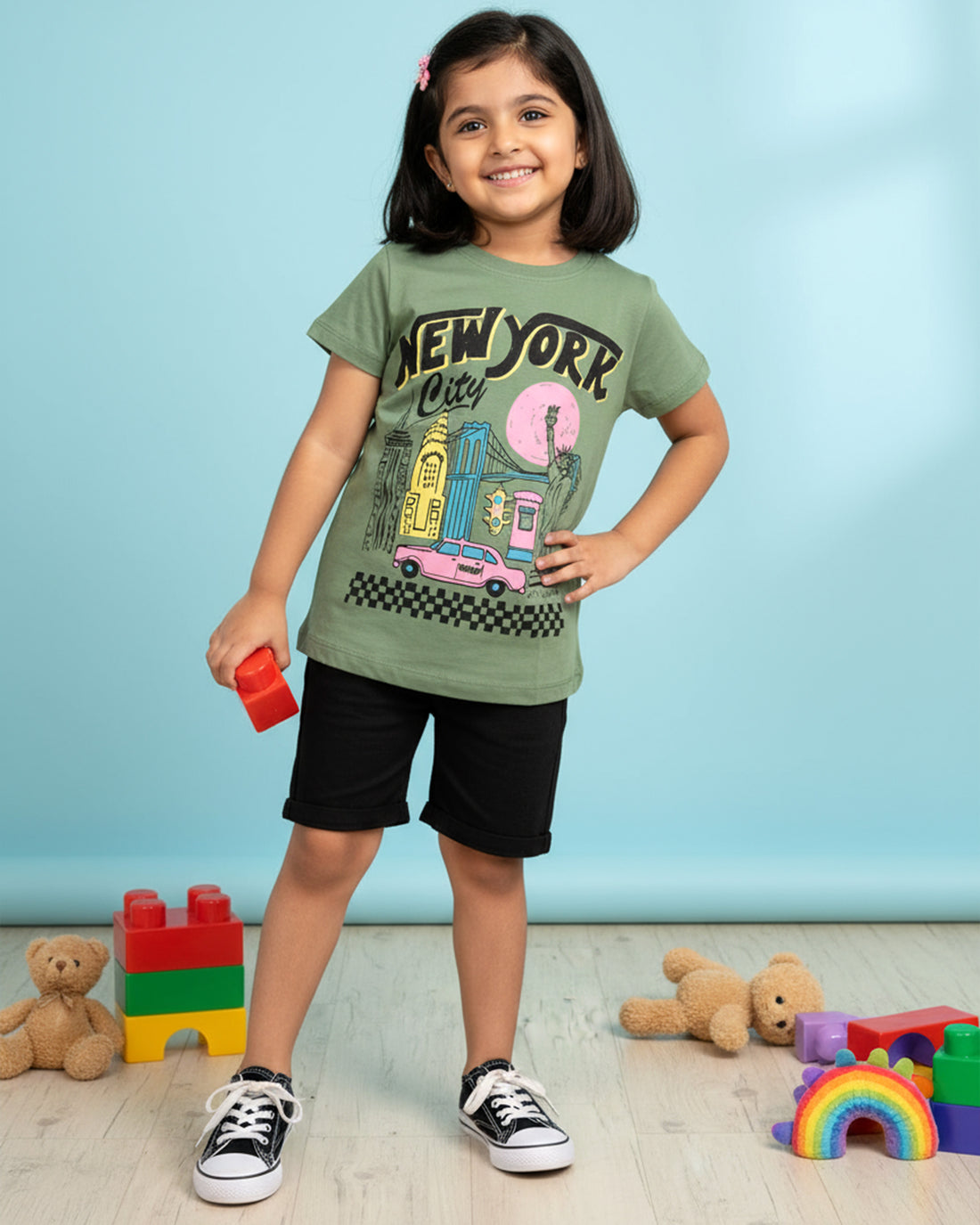 Girls' Graphic Print Crew Neck T-Shirt -Dark Green